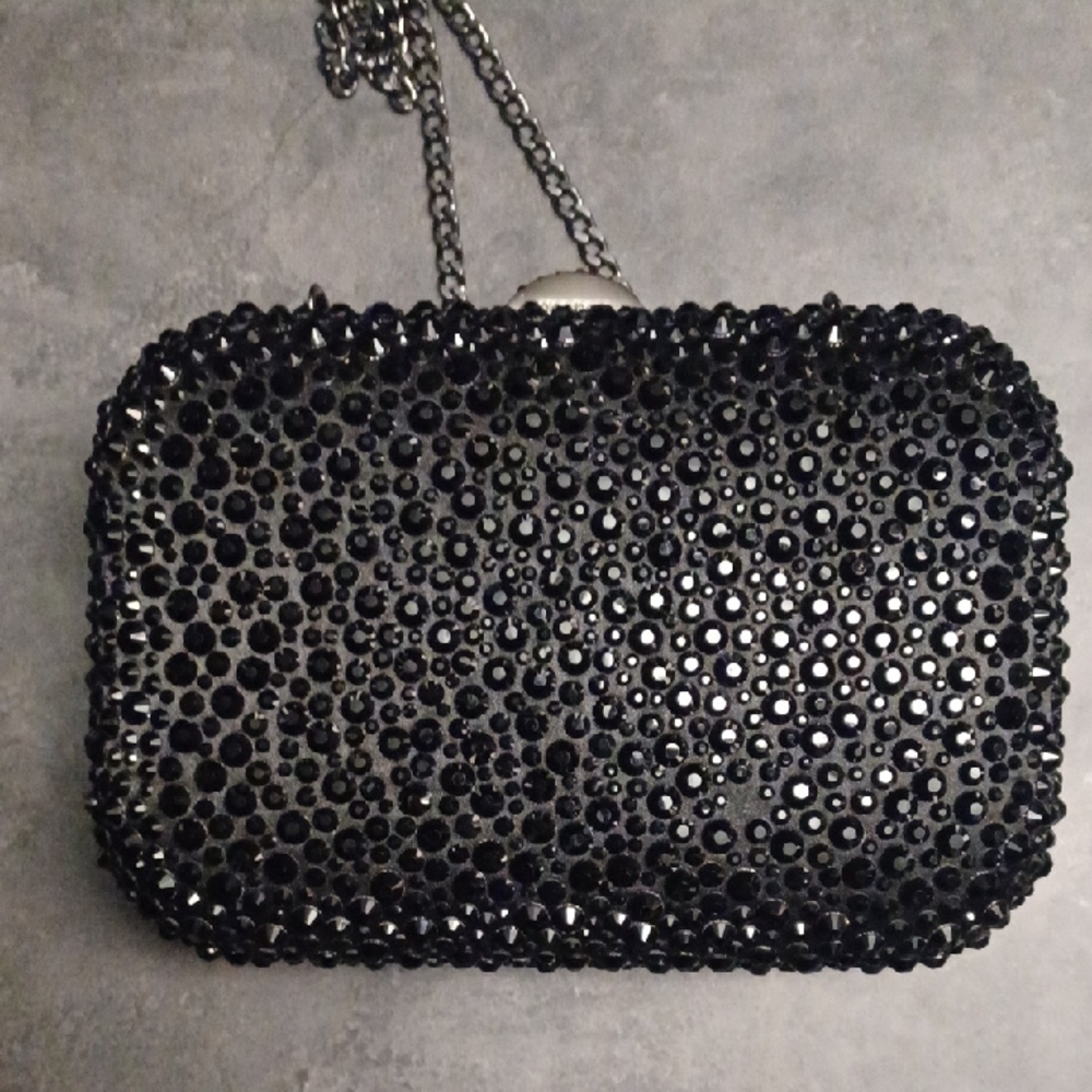 Olga Berg Black Crystal-Embellished Clutch with Chain